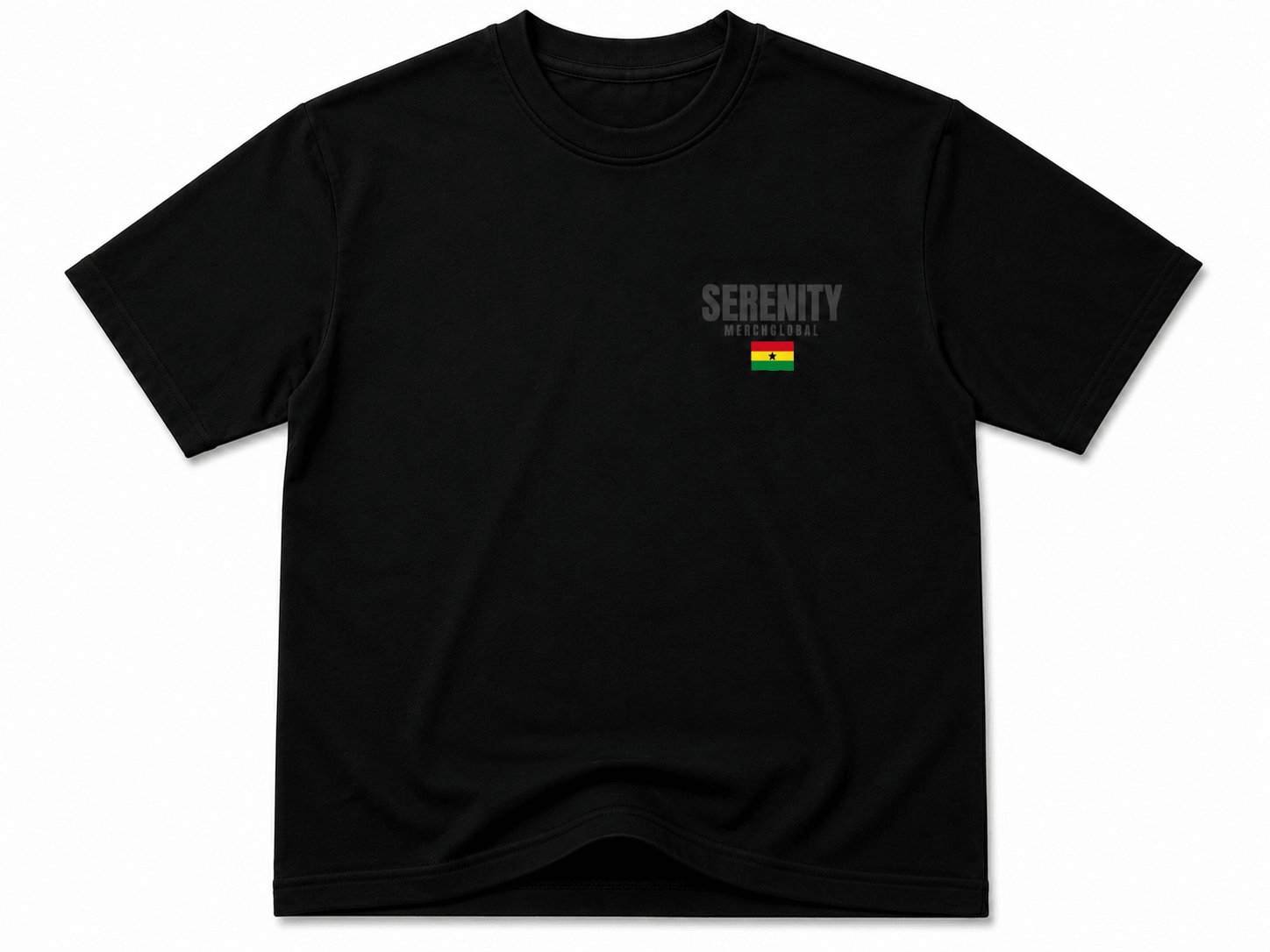 Black basic cotton top featuring the word 'SERENITY' and a small flag design, suitable for casual wear.