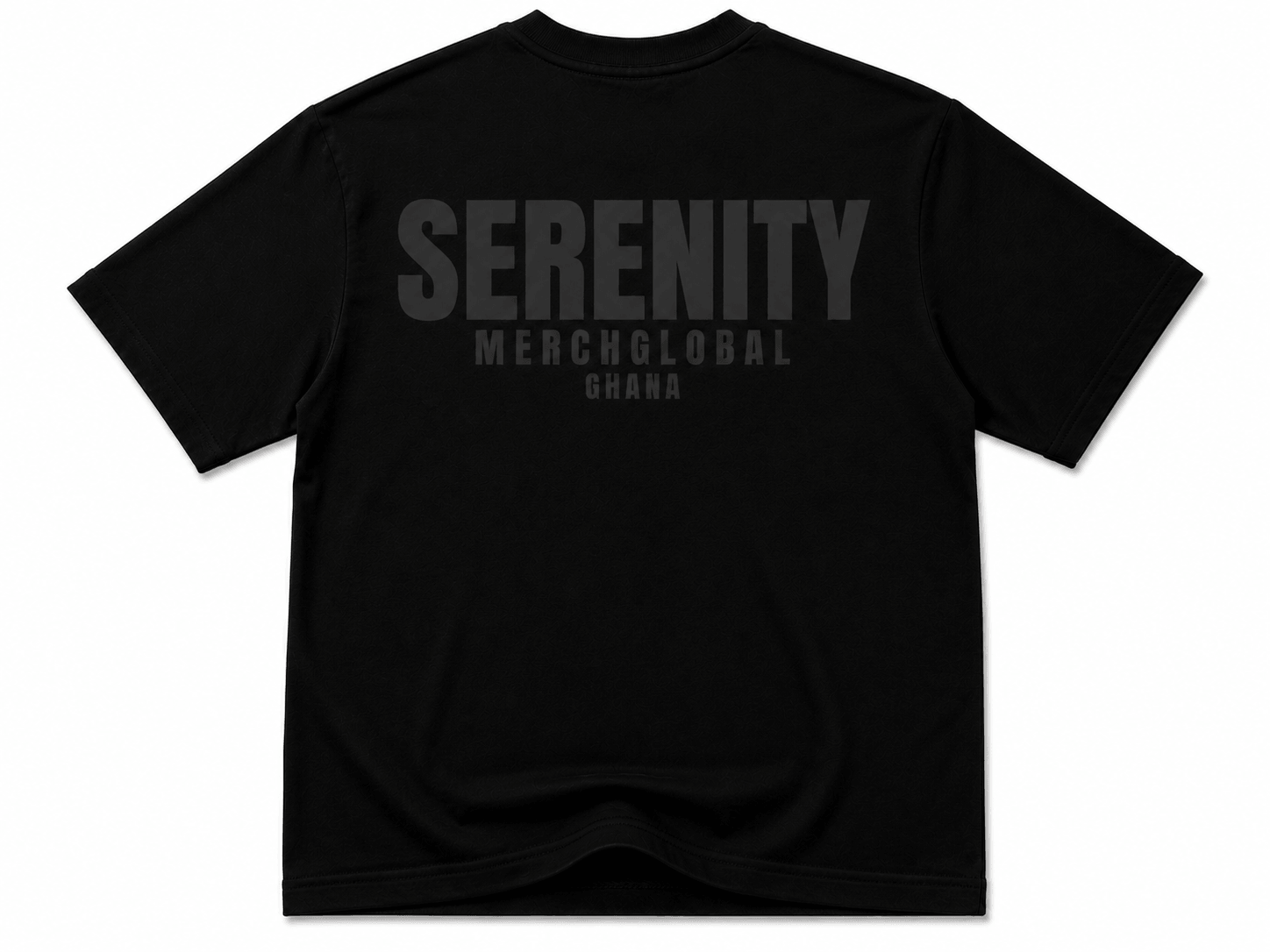 Black basic cotton top featuring the word 'SERENITY' and a small flag design, suitable for casual wear.