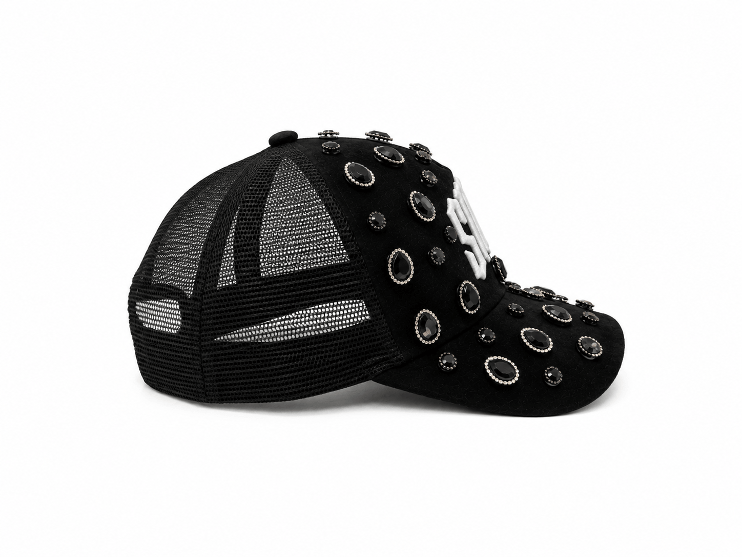 Black rhinestone cap for women featuring rhinestones and adjustable design.